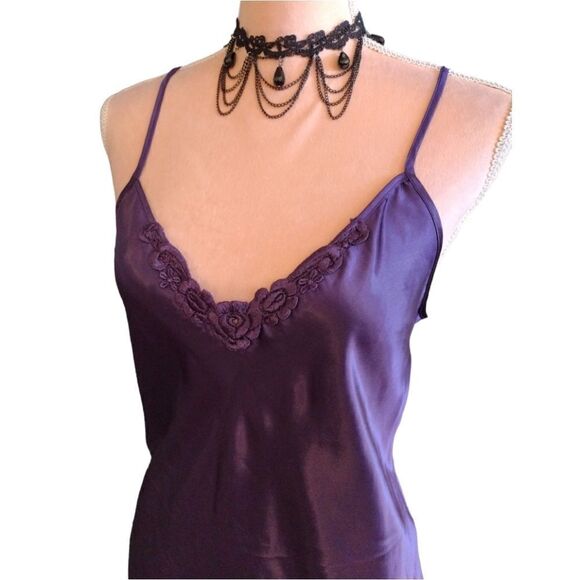 Vintage 80s Purple Satin Floral Applique Chemise Mini Slip Dress Medium - Picture 15 of 16
